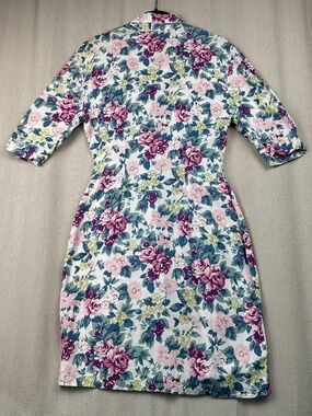 Vintage 80's Floral Midi Mini Skater Dress S Front Rosette Buttons Short Sleeves